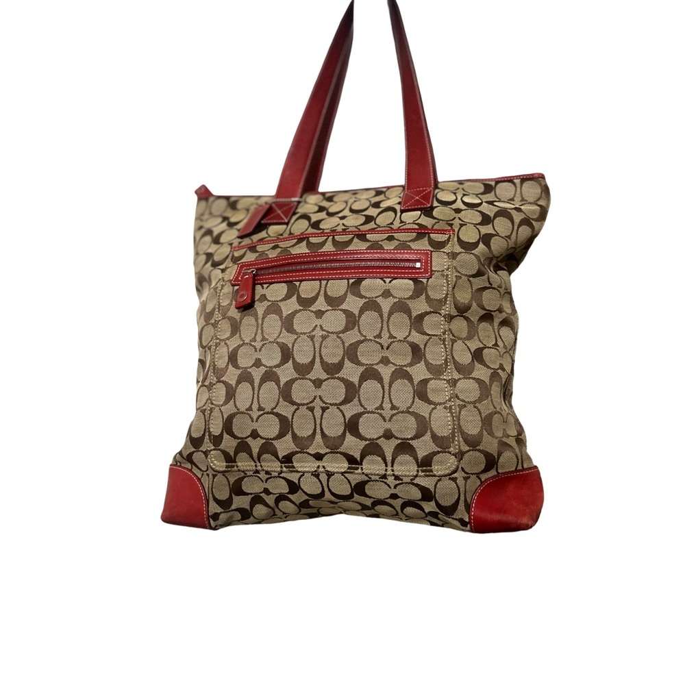 Coach Hamptons 6071 Signature Brown Canvas Red Leather Large Tote Bag